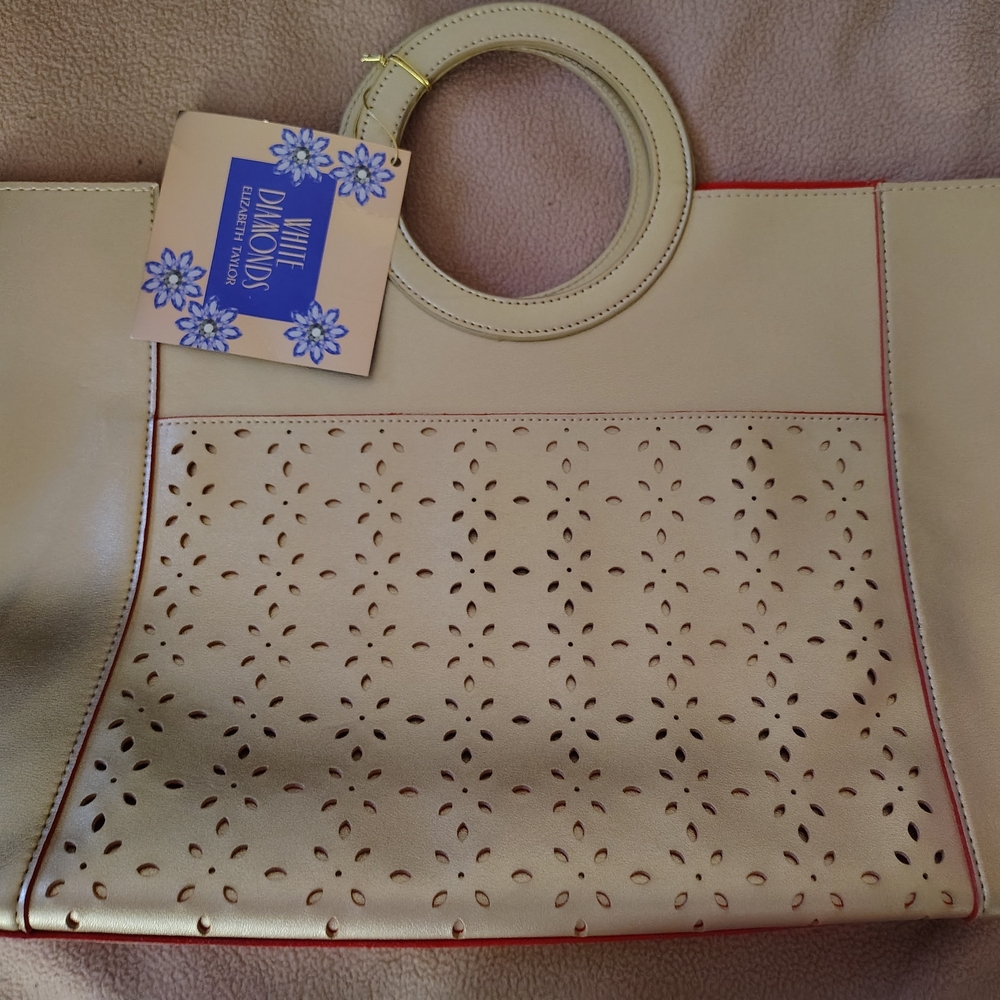 NWT White Diamond Gold/ Red Interior Tote                   12" H X 14"W.